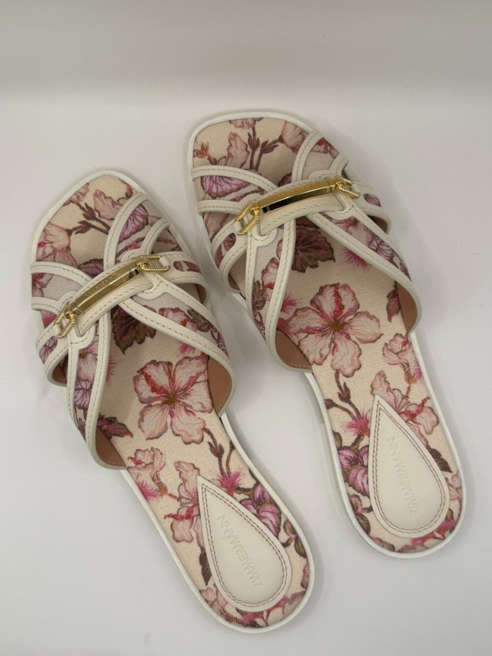NIB: Zimmermann Prisma Linen Slide Sandal Coral Hibiscus Floral Size 39